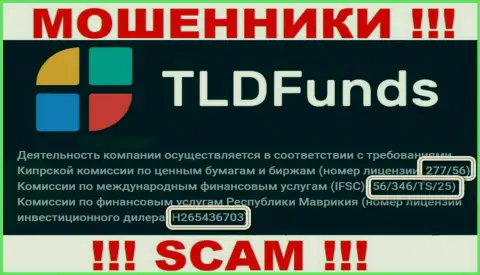 TLDFunds Com показали на сервисе лицензию на осуществление деятельности, только ее существование мошеннической их сущности абсолютно не меняет