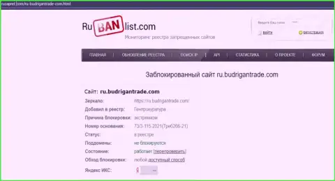 Веб-портал BudriganTrade в пределах РФ заблокирован Генеральной прокуратурой