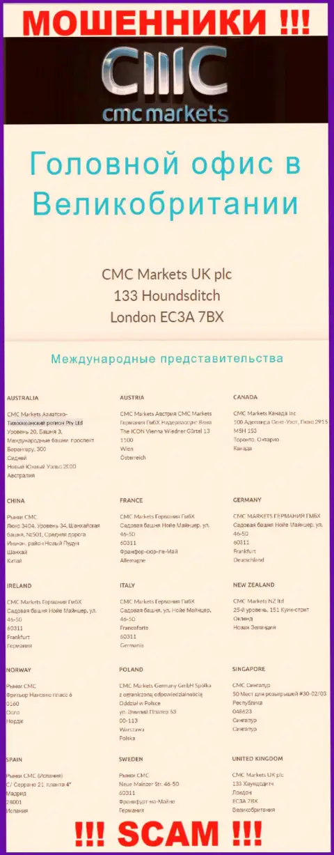 На сайте конторы CMC Markets представлен фиктивный адрес - это МОШЕННИКИ !!!
