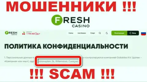 Не взаимодействуйте с организацией Fresh Casino - эти мошенники пустили корни в офшоре по адресу: Julianaplein 36, Willemstad, Curaçao