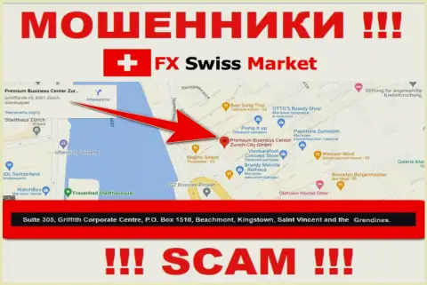Компания FX-SwissMarket Com пишет на интернет-портале, что находятся они в оффшорной зоне, по адресу - Suite 305, Griffith Corporate Centre, P.O. Box 1510,Beachmont Kingstown, Saint Vincent and the Grenadines