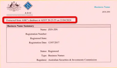 Документ, который доказывает присутствие регистрации у дилинговой компании Zinnera Exchange